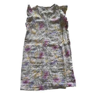 Joie 100% Linen White Floral Ruffle Sleeveless V Neck Shift Dress Women Large